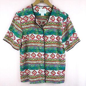 Vintage Jordan Petite Bright Colorful Button Down Short Sleeve Blouse Size PM